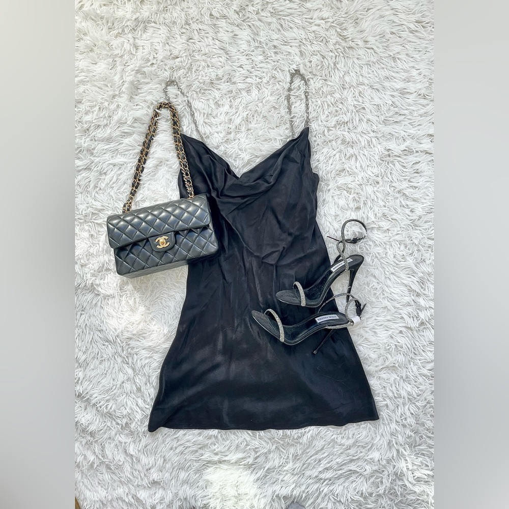 NWT Zara Black Satin Cowl Dress with Crystal Straps, size Small